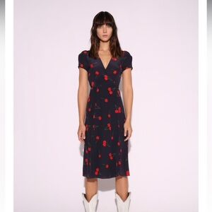 Realisation Par The Teale Wild Cherry Navy Wrap Midi Dress  100% silk Vogue